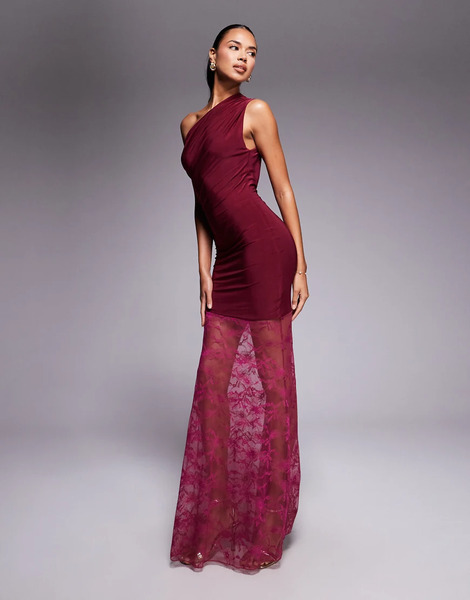  Kaiia Exclusive Double Layered Slinky Twist Off Shoulder Asymmetric Sheer Lace Skirt Maxi Dress In Berry Purple 