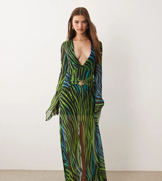  Kaiia Exclusive Plunge Long Sleeve Metal Hardware Detail Split Detail Maxi Dress In Blue And Green Zebra Multi 