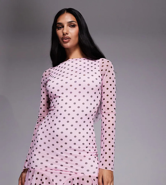  Kaiia Exclusive Slinky Long Sleeve Ruffle Hem Open Back Mini Dress In Pink And Black Polka Dot Multi 