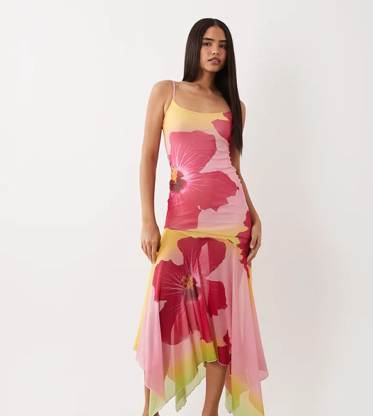  Kaiia Exclusive Slinky Mesh Scoop Neck Drop Waist Asymmetric Fairy Hem Maxi Dress In Pink Ombre Floral 
