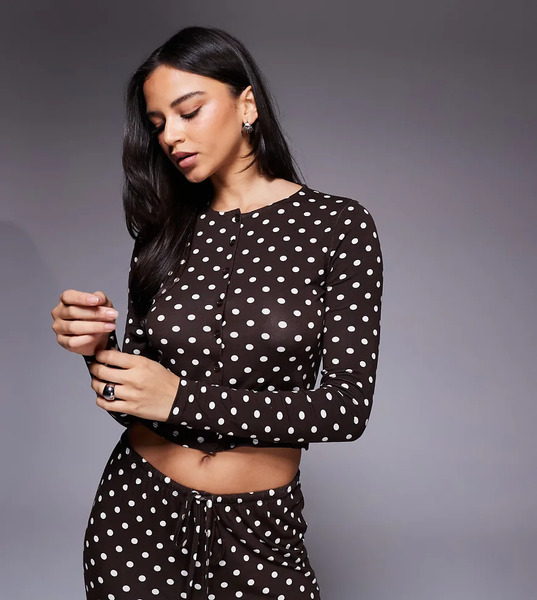  Kaiia Exclusive Super Soft Jersey Button Through Long Sleeve Top Co Ord In Brown And Cream Polka Dot Multi 