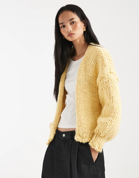  Kiwi & Co Love Me Later Contains Wool Hand Knitted Chunky Knit Dropped Shoulder Balloon Sleeve Cardigan In Yellow 