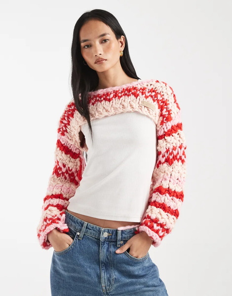  Kiwi & Co Pixie Contains Wool Hand Knitted Chunky Knit Fringe Sleeve Detail Shrug Jumper In Pink Stripe 