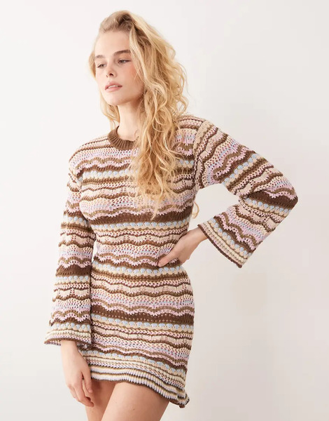  Kiwi & Co Walking On Sunshine Crochet Flare Sleeve Mini Beach Dress In Chocolate & Pastel Stripe Multi 