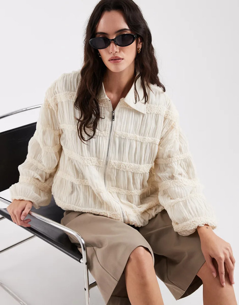 Laagam Kiara Textured Bomber Jacket In Ecru White 