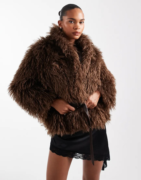  Laagam Shearling Reversible Wrap Coat In Brown 
