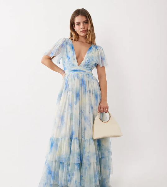  Lace & Beads Petite Bridesmaid Madison Smocked Plunge Neck Flutter Sleeve Maxi Dress In Soft Blue Floral Multi 