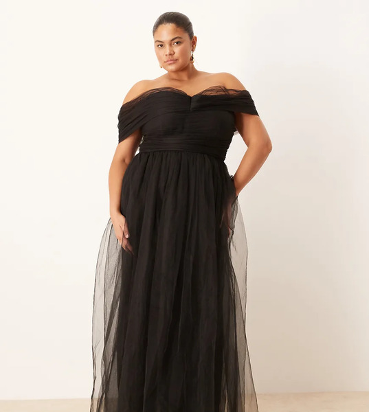  Lace & Beads Plus Bow Fallen Shoulder Maxi Tulle Dress In Black 