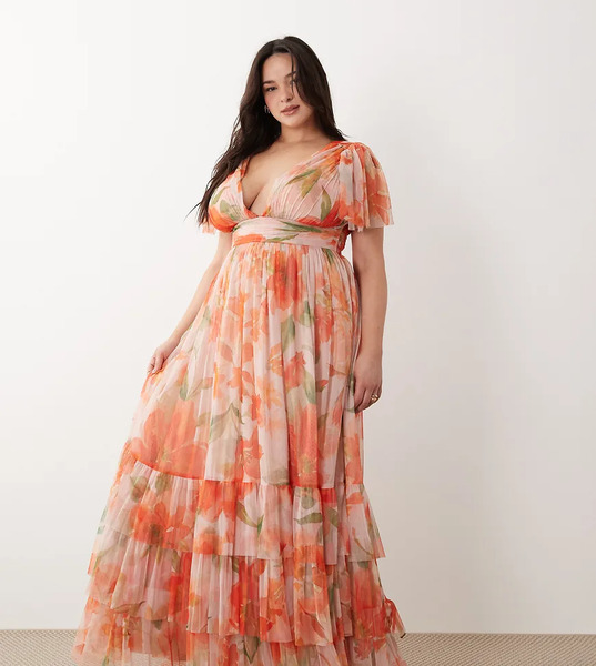  Lace & Beads Plus Bridesmaid Madison Smocked Plunge Neck Flutter Sleeve Maxi Dress In Orange Poppy Print Multi 