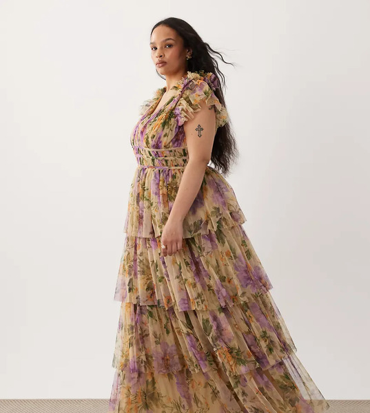  Lace & Beads Plus Tulle Ruffle Shoulder Plunge Neck Tiered Maxi Dress In Yellow Vintage Floral Multi 