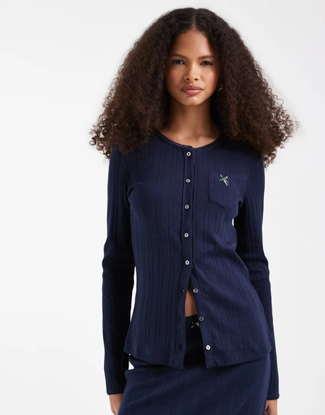  Lacoste Co Ord Pointelle Long Sleeve Button Through Top In Navy 