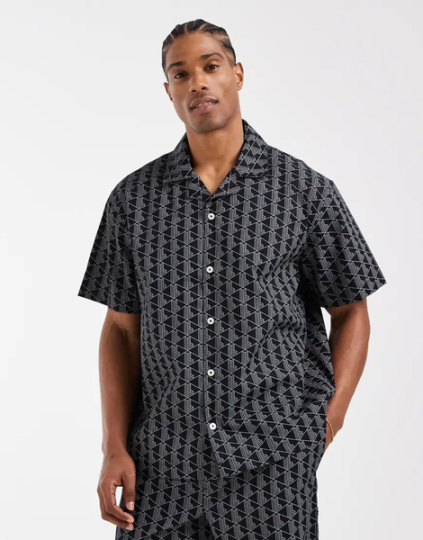 Lacoste Monogram Print Lounge Shirt In Black 