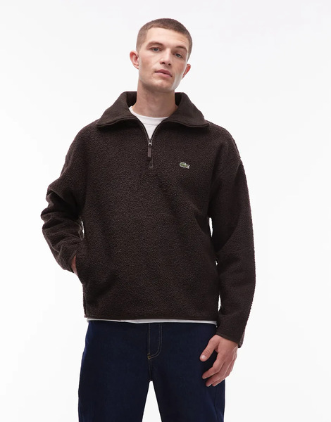  Lacoste Quarter Zip Fleece Sweatshirt In Brown 