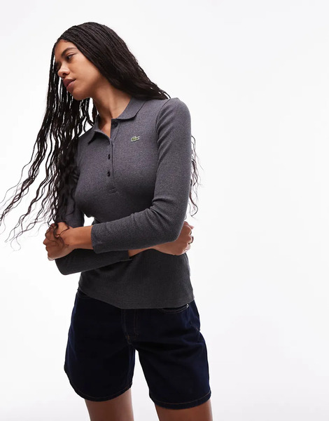  Lacoste Ribbed Ls Polo Shirt In Grey 