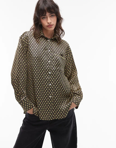  Lacoste Satin Print Shirt In Beige Multi 