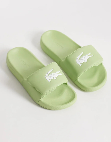  Lacoste Serve 0.0 Velcro Strap Logo Sliders In Light Green 