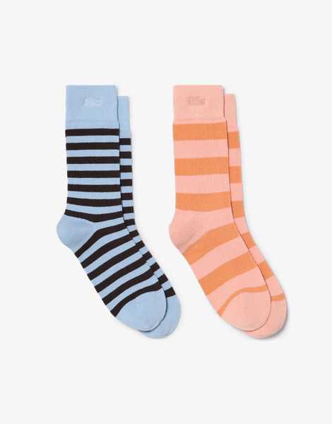  Lacoste Stripe Sock 2 Pack In Blue & Orange Multi 