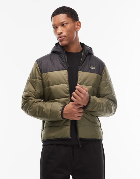  Lacoste Two Tone Puffer Jacket In Black & Olive Green 