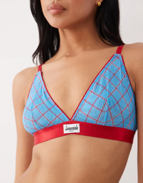  Lemonade Dolls Stretch Mesh Bralette In Turquoise And Red Check Multi 