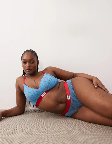  Lemonade Dolls Stretch Mesh High Waisted Brief In Turquoise And Red Check Multi 