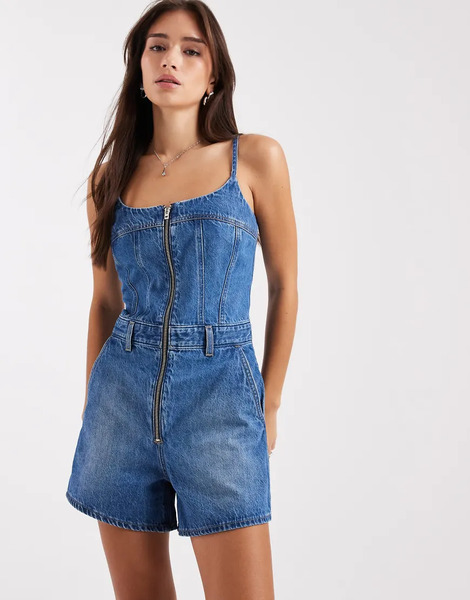  Levi's Denim Zip Front Romper In Mid Blue 