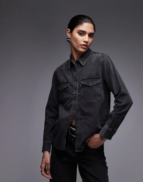  Levi's Iconic Western Studded Denim Shirt In Washed Black 