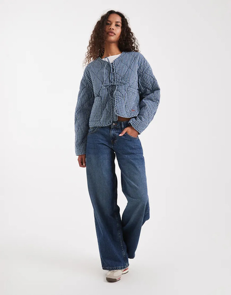  Levi's Quilted Bow Front Striped Denim Jacket In Blue 