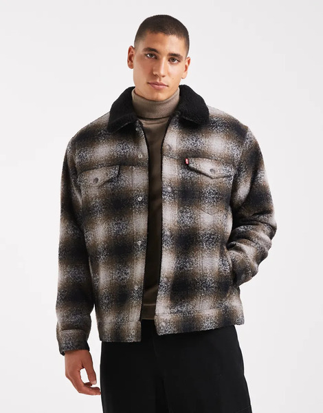  Levi's Relaxed Fit Wool Check Sherpa Trucker Jacket In Black 