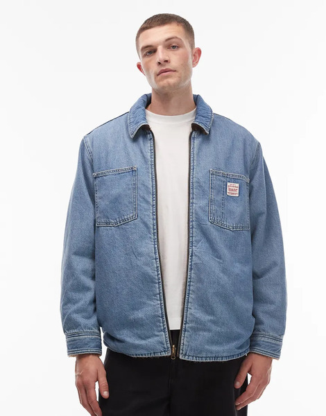  Levi's Workwear Capsule Reversible Check Borg And Denim Shacket In Light Wash Blue 