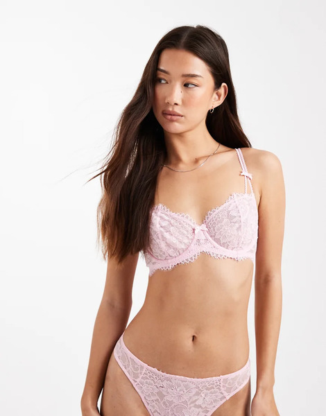  Lindex Lace Non Padded Underwired Balconette Bra In Light Pink 