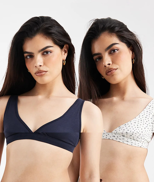  Lindex Maternity 2 Pack Pointelle Print Nursing Wrap Bras In White And Navy Multi 