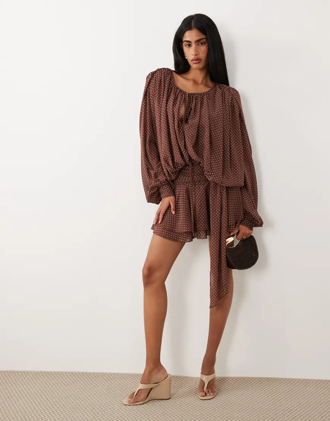  Lioness Elements Chiffon Drape Detail Balloon Sleeve Tie Waist Mini Dress In Chocolate And Cream Polka Dot Brown 