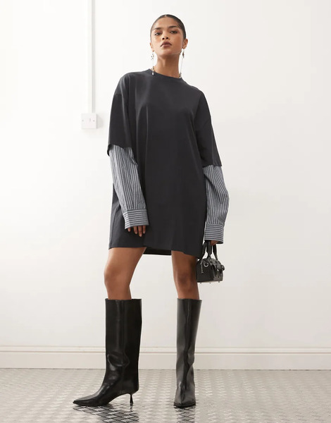  Lioness Exclusive 2 In 1 Oversized T Shirt Overlay And Striped Long Sleeve Mini Shirt Dress In Charcoal Stripe Navy 