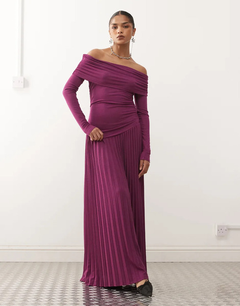  Lioness Field Of Dreams Glitter Long Sleeve Foldover Bardot Ruched Drop Waist Pleated Maxi Dress In Plum Purple 