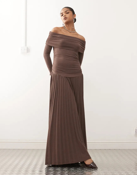  Lioness Field Of Dreams Glitter Long Sleeve Foldover Bardot Ruched Drop Waist Pleated Maxi Dress In Chocolate Brown 