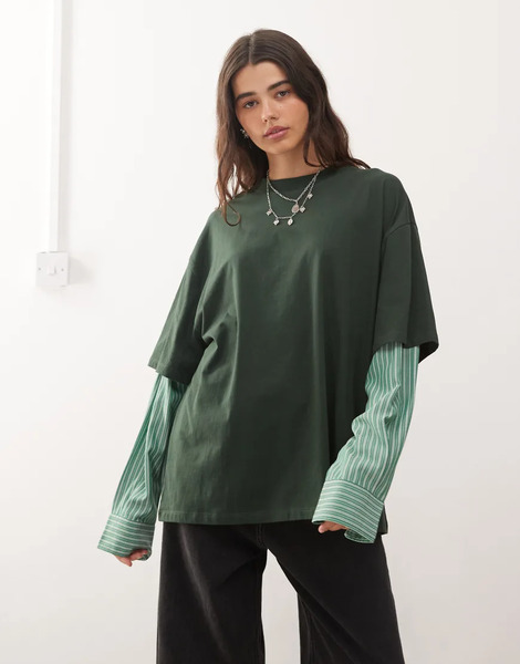  Lioness 2 In 1 Oversized T Shirt Overlay And Striped Long Sleeve Shirt In Dark Green And Green Stripe 