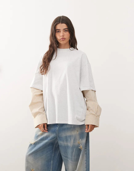  Lioness 2 In 1 Oversized T Shirt Overlay And Striped Long Sleeve Shirt In White And Beige Stripe Neutral 