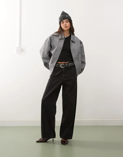  Lioness Kenny Collar Detail Oversized Bomber Jacket In Navy Check Multi 