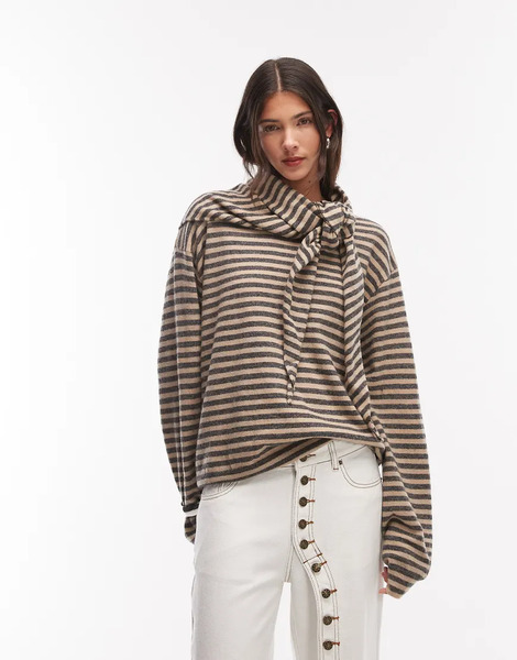  Lioness Olsen Wool Blend Knitted Boxy Long Sleeve Detachable Scarf Detail Jumper In Beige And Slate Stripe Neutral 