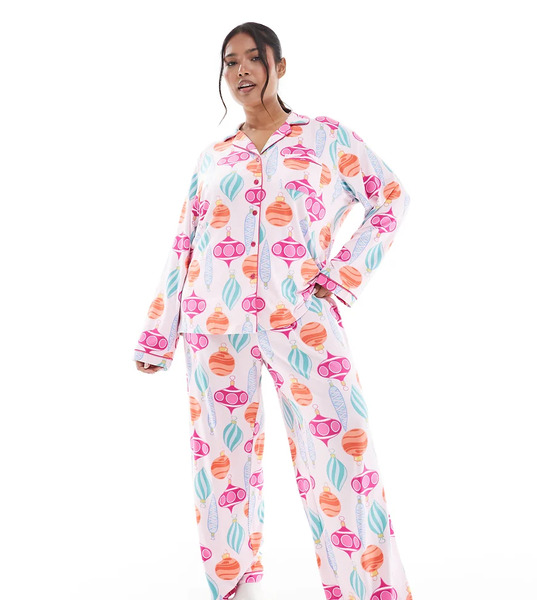  Loungeable Curve Christmas Super Soft Jersey Revere Top And Wide Leg Pyjama Set In Bauble Print Multi 