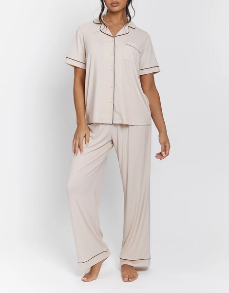  Loungeable Ladies Ribbed Pyjama Set In Vanilla White 