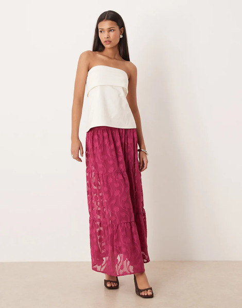  Lovedrobe Floral Burnout Tiered Maxi Skirt In Fuchsia Pink 