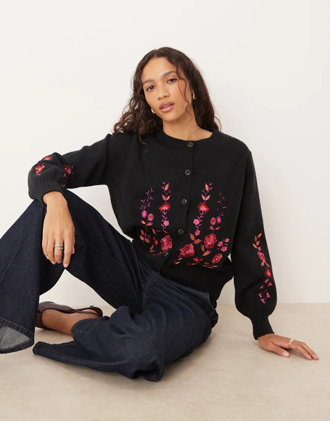  Lovedrobe Floral Embroidery Cardigan In Black 