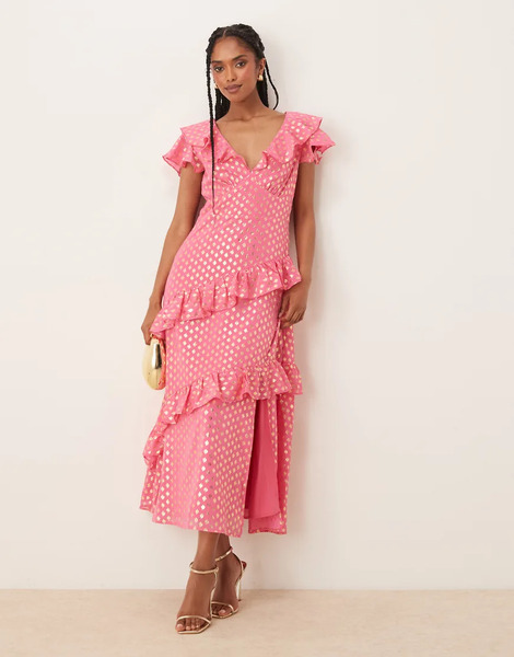  Lovedrobe Flutter Sleeve V Neck Ruffle Midaxi Dress In Pink 
