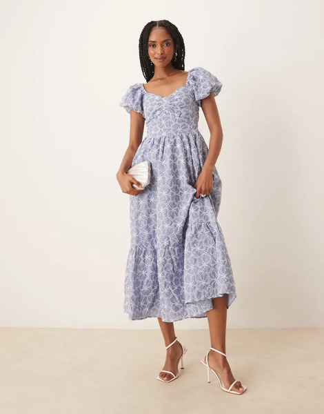  Lovedrobe Short Puff Sleeve Midi Dress In Blue 