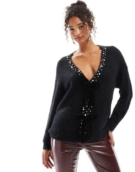 Lovedrobe Velvet Bow Cardigan In Black 