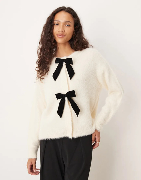  Lovedrobe Velvet Bow Eyelash Knit Cardigan In Ivory White 