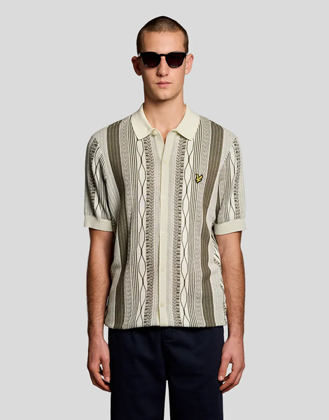  Lyle & Scott Mid Knits Brocade Jacquard Short Sleeve Knitted Shirt In Y148 Ice Cream/ Khaki Ash Neutral 
