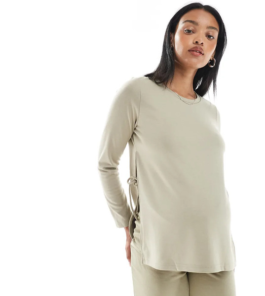  Mamalicious Long Sleeve Side Split Top Co Ord In Beige Neutral 