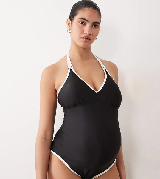  Mamalicious Maternity Contrast Binding Halter Swimsuit With Nursing Clip Function In Black 